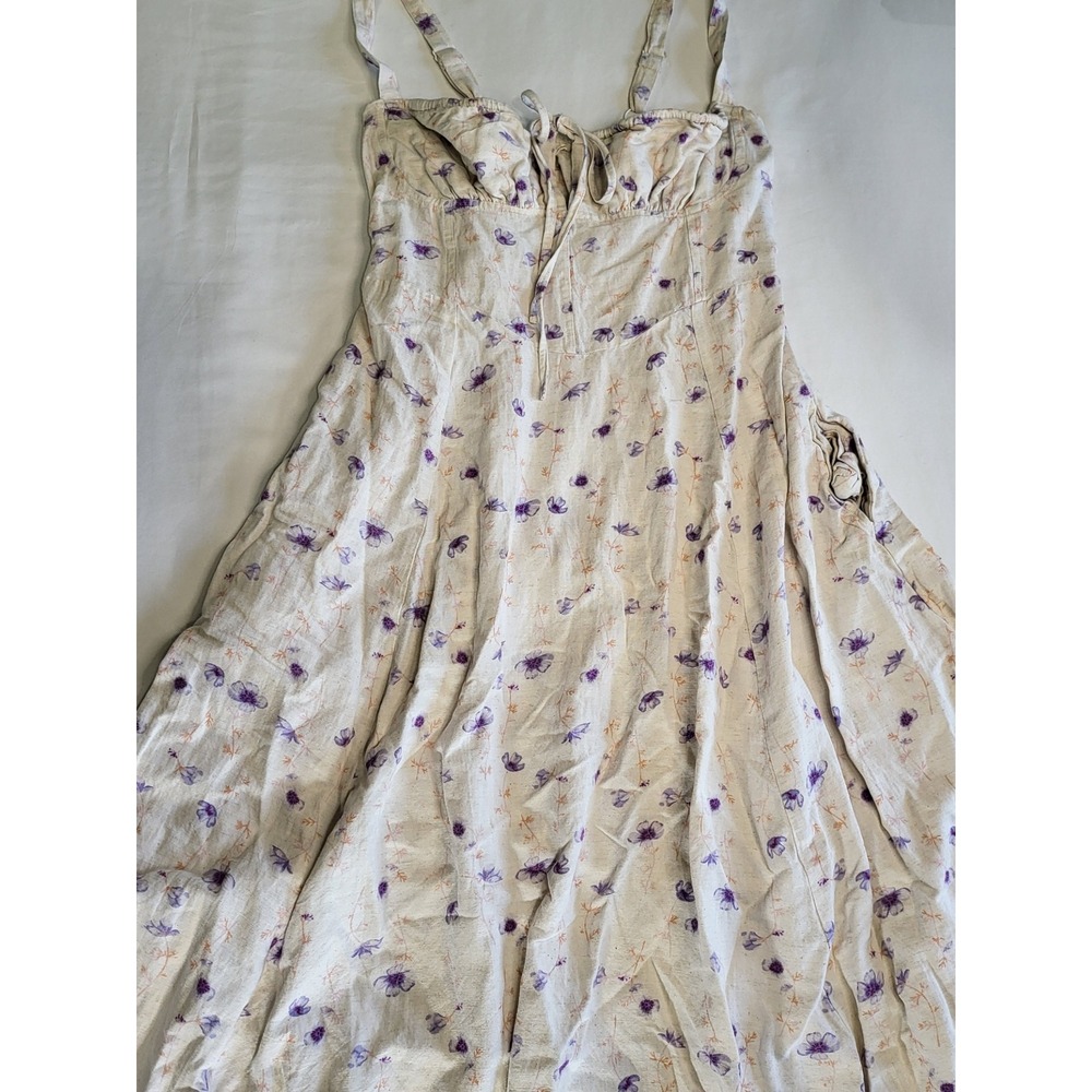 Sim & Sam Women Purple Floral Linen Blend Midi Dress Cream Size M Cottagecore